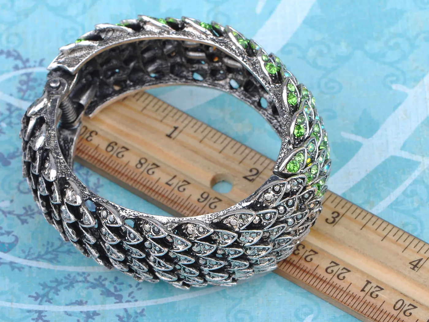 Green Multicolor Dragon Scales Bird Feather Bangle Bracelet