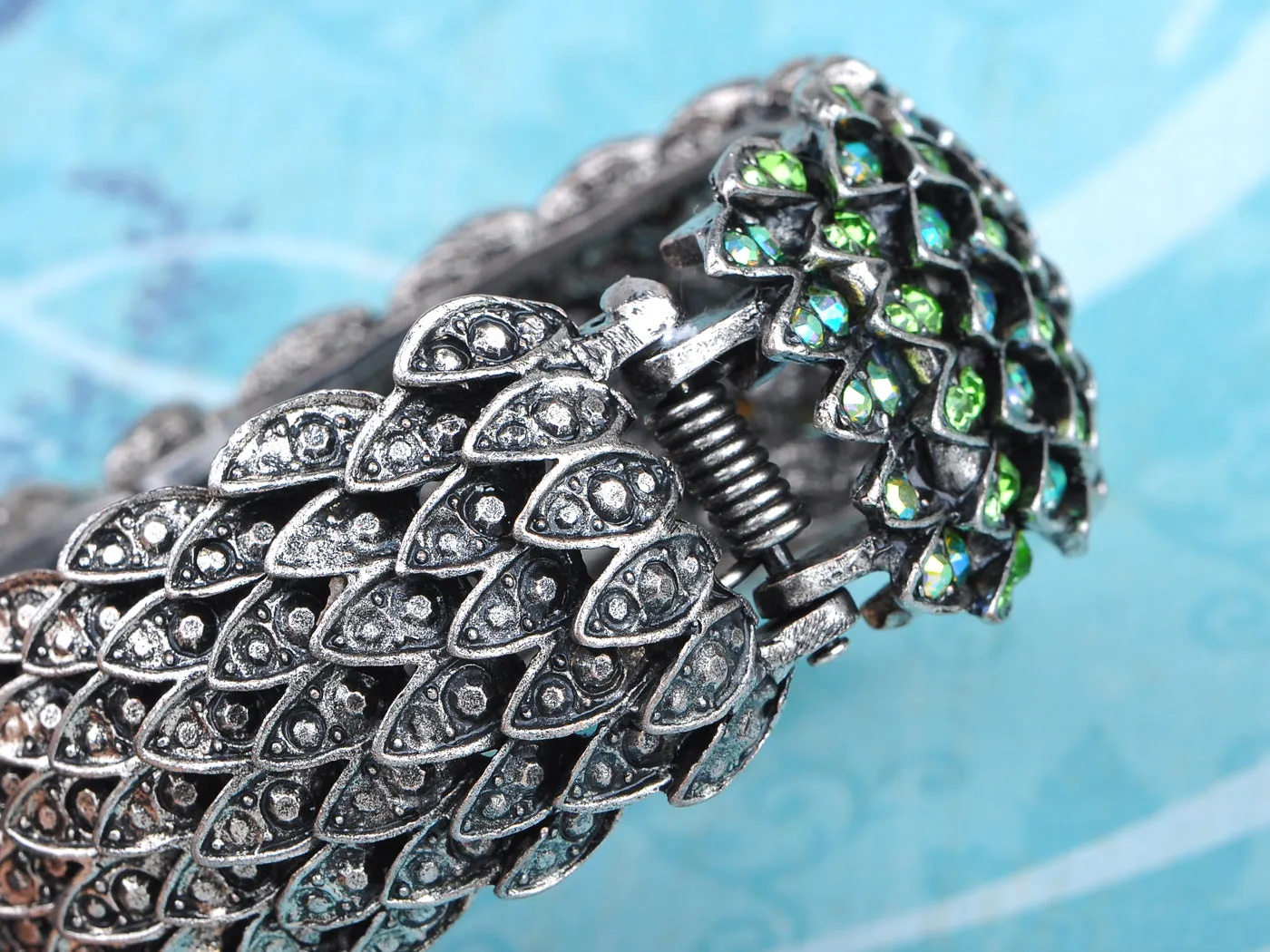 Green Multicolor Dragon Scales Bird Feather Bangle Bracelet