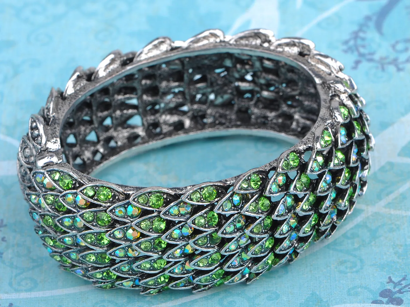Green Multicolor Dragon Scales Bird Feather Bangle Bracelet