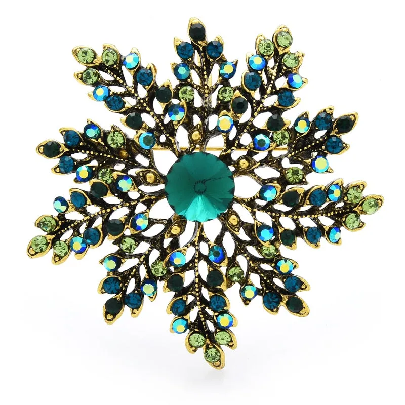 Green Rhinestone Snowflake Brooches For Women Beauty Flower Party Office Brooch