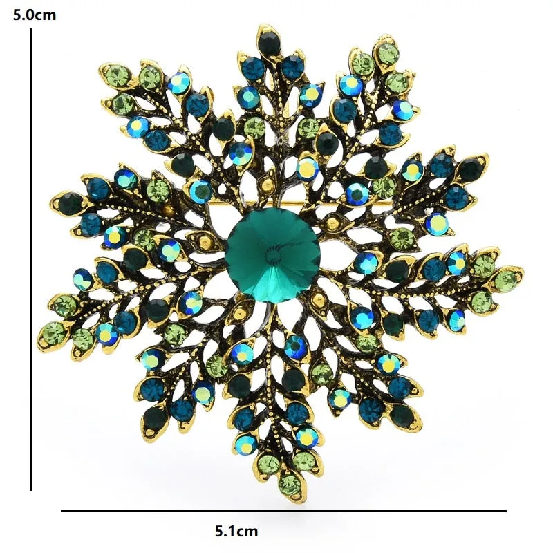 Green Rhinestone Snowflake Brooches For Women Beauty Flower Party Office Brooch