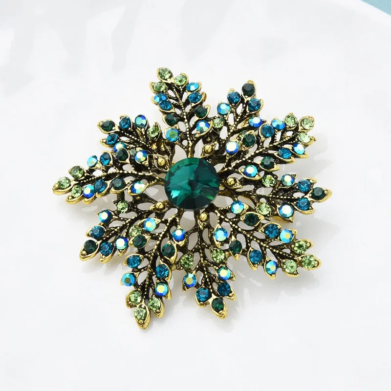 Green Rhinestone Snowflake Brooches For Women Beauty Flower Party Office Brooch