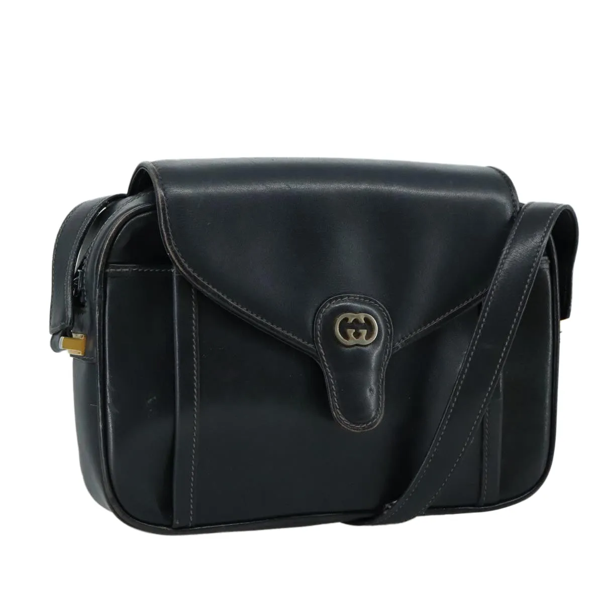 GUCCI Shoulder Bag Leather Navy Gold fm4236