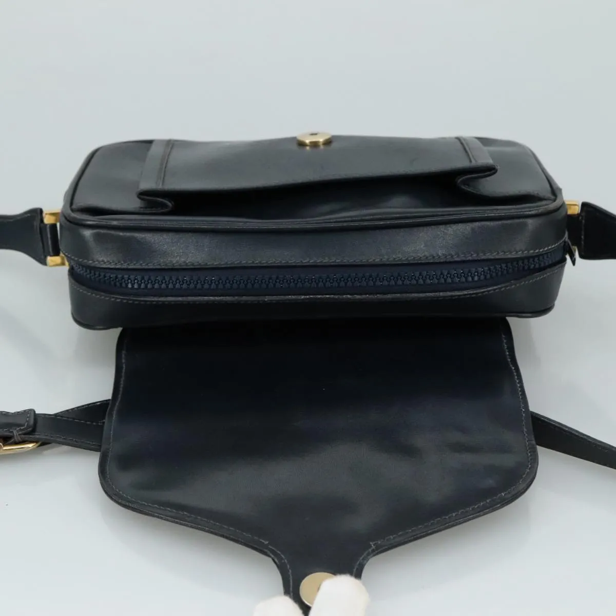 GUCCI Shoulder Bag Leather Navy Gold fm4236