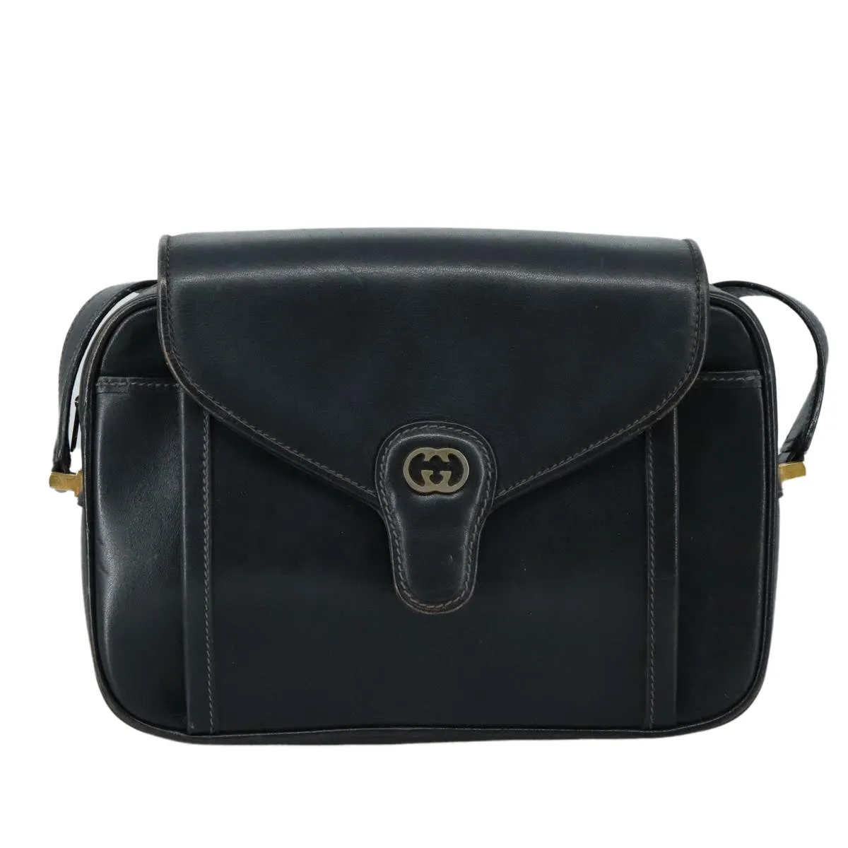 GUCCI Shoulder Bag Leather Navy Gold fm4236