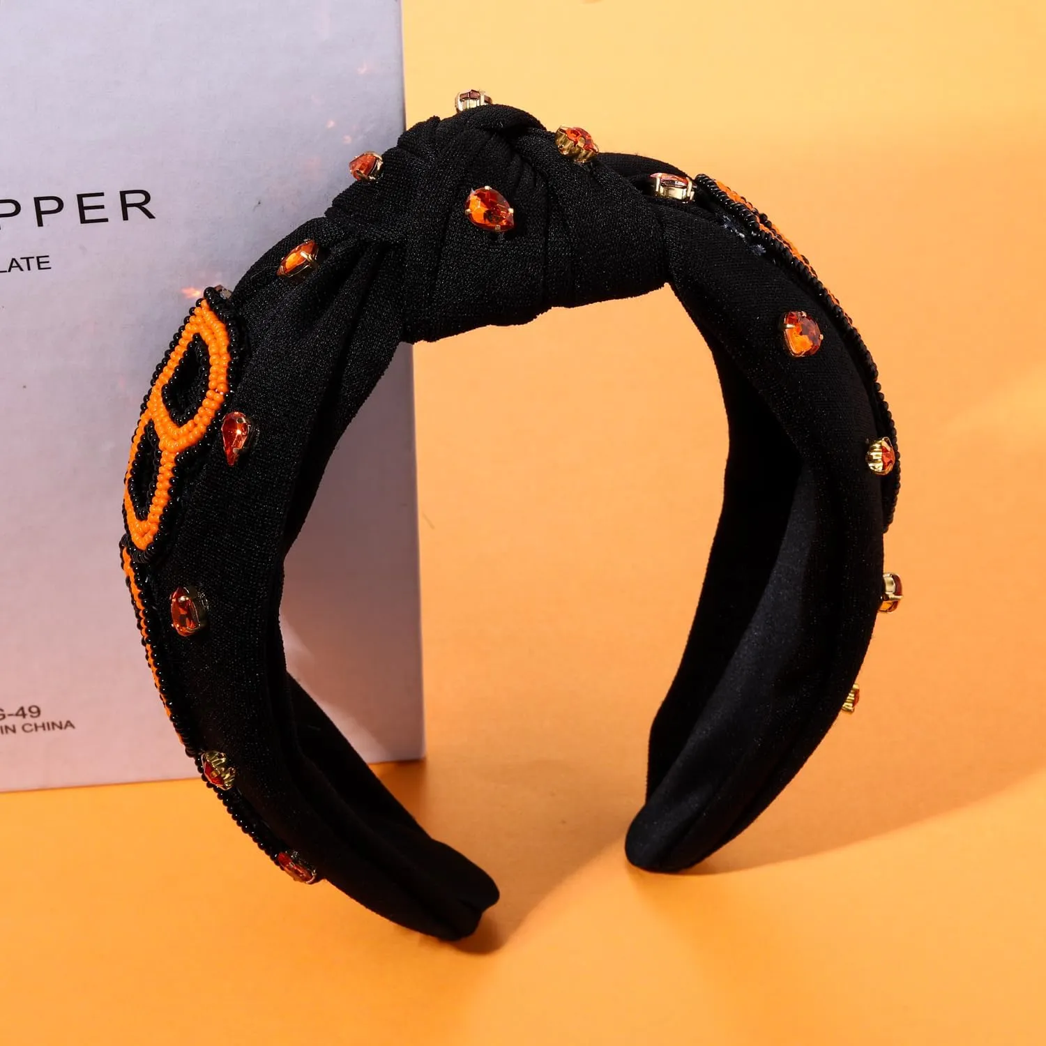 Halloween Knotted Headband for Women Crystal Pumpkin Candy Corn Houndstooth Hairband Halloween Hair Accessories Gift