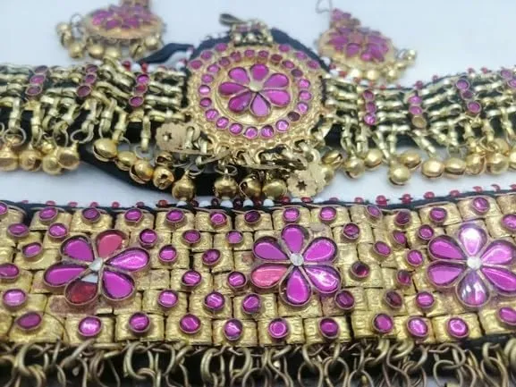 Handmade Tribal Women Jewelry Set, Necklace with Head Piece and Earrings, Afghan Boho Jewelry, Jewelry Set With Glass Stones