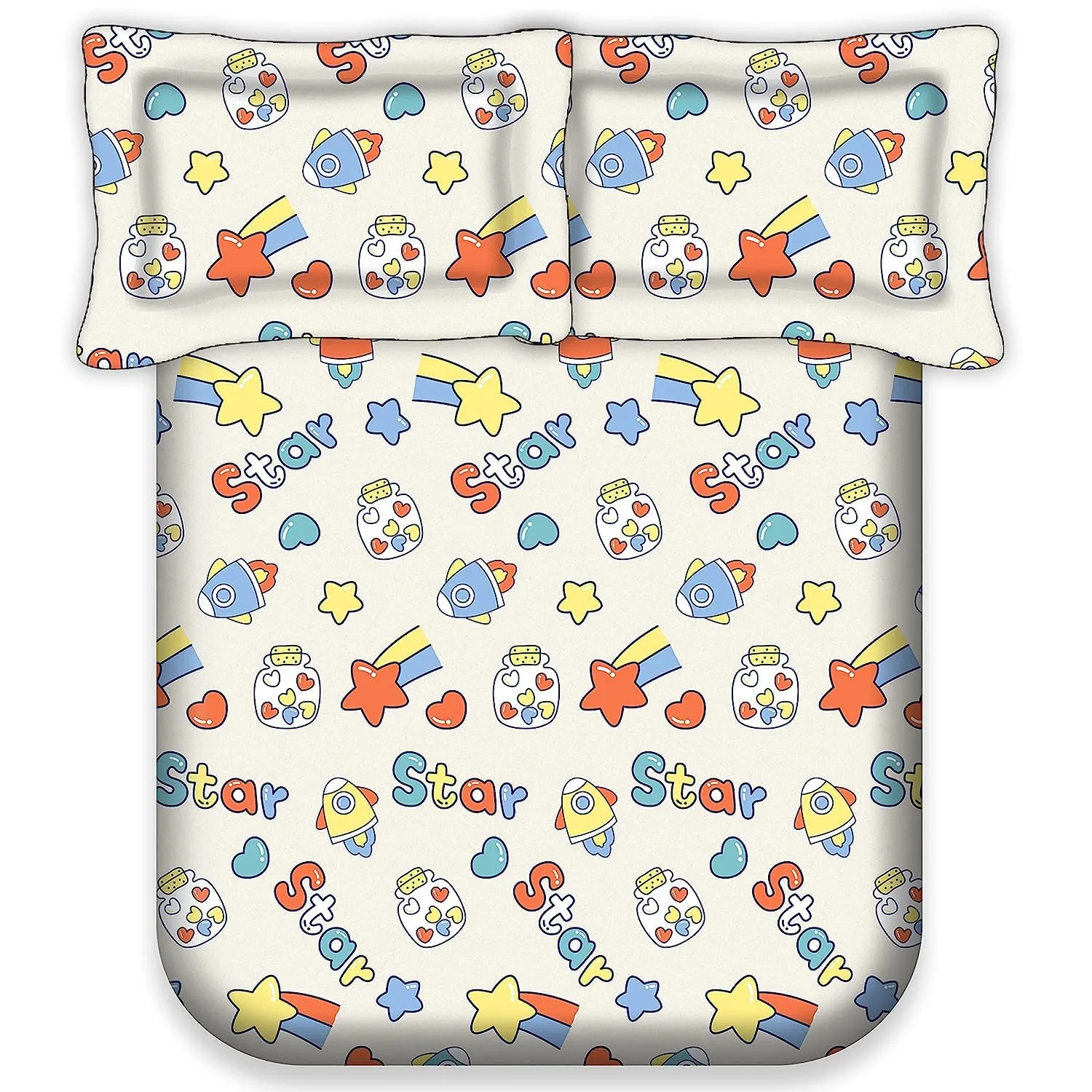 HarshBala 180 TC Glace Cotton Queen Double Bed Kids Cartoon Print Bedsheets, 2 Pillow Covers Star Space Ship