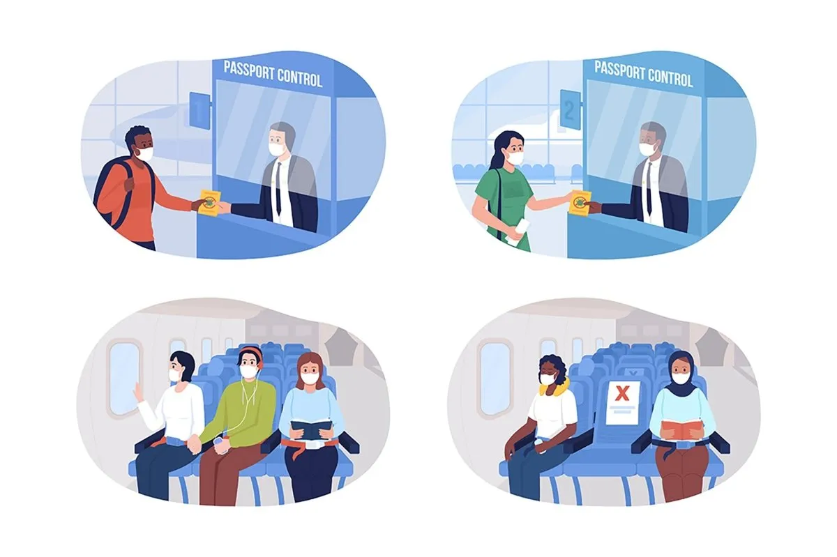 Health safety precaution in airport 2D vector isolated illustration set