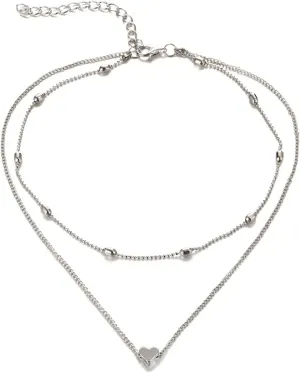 Heart Shaped Necklace for Women Vintage Layered Wedding Necklaces Stylish Minimalist Design Clavicle Chain Lady (Silver, One Size)
