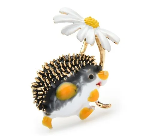 Hedgehog with daisy - enamel brooch badge