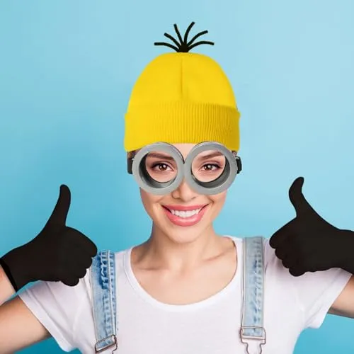 HEYFIZZ 3 Pcs Halloween Costume Accessories Adult,Goggles Glasses/Yellow Beanie/Gloves for Men Women Cosplay Party Set