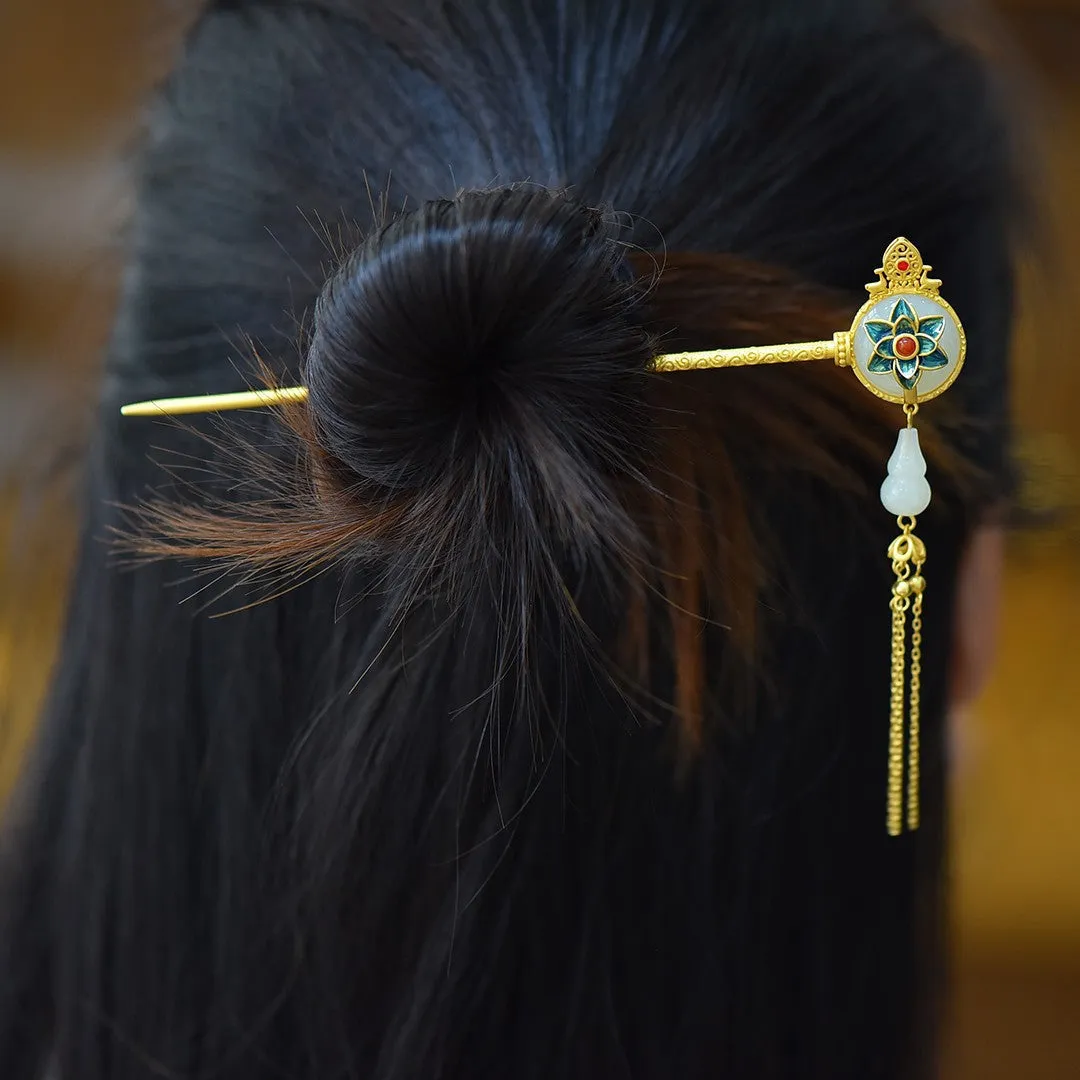 High Grade Enamel Hetian Jade S925 Silver Safety Lock Hairpin Hanfu Hair Accessories