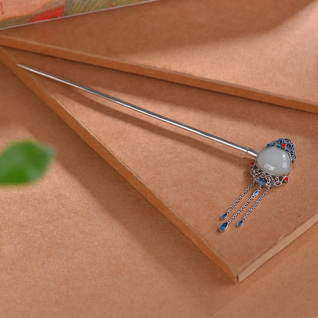 High Grade Enamel Hetian Jade S925 Silver Safety Lock Hairpin Hanfu Hair Accessories
