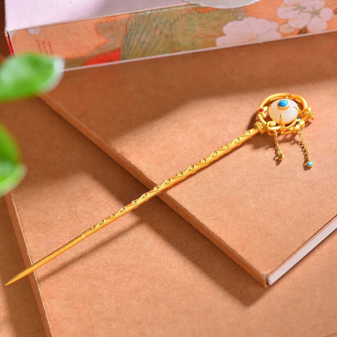 High Grade Enamel Hetian Jade S925 Silver Safety Lock Hairpin Hanfu Hair Accessories