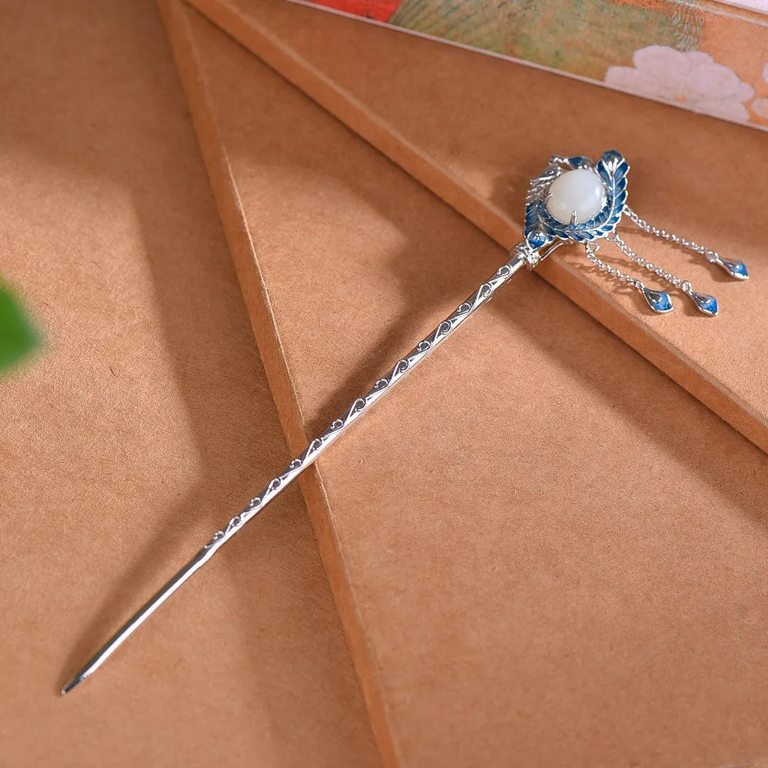 High Grade Enamel Hetian Jade S925 Silver Safety Lock Hairpin Hanfu Hair Accessories