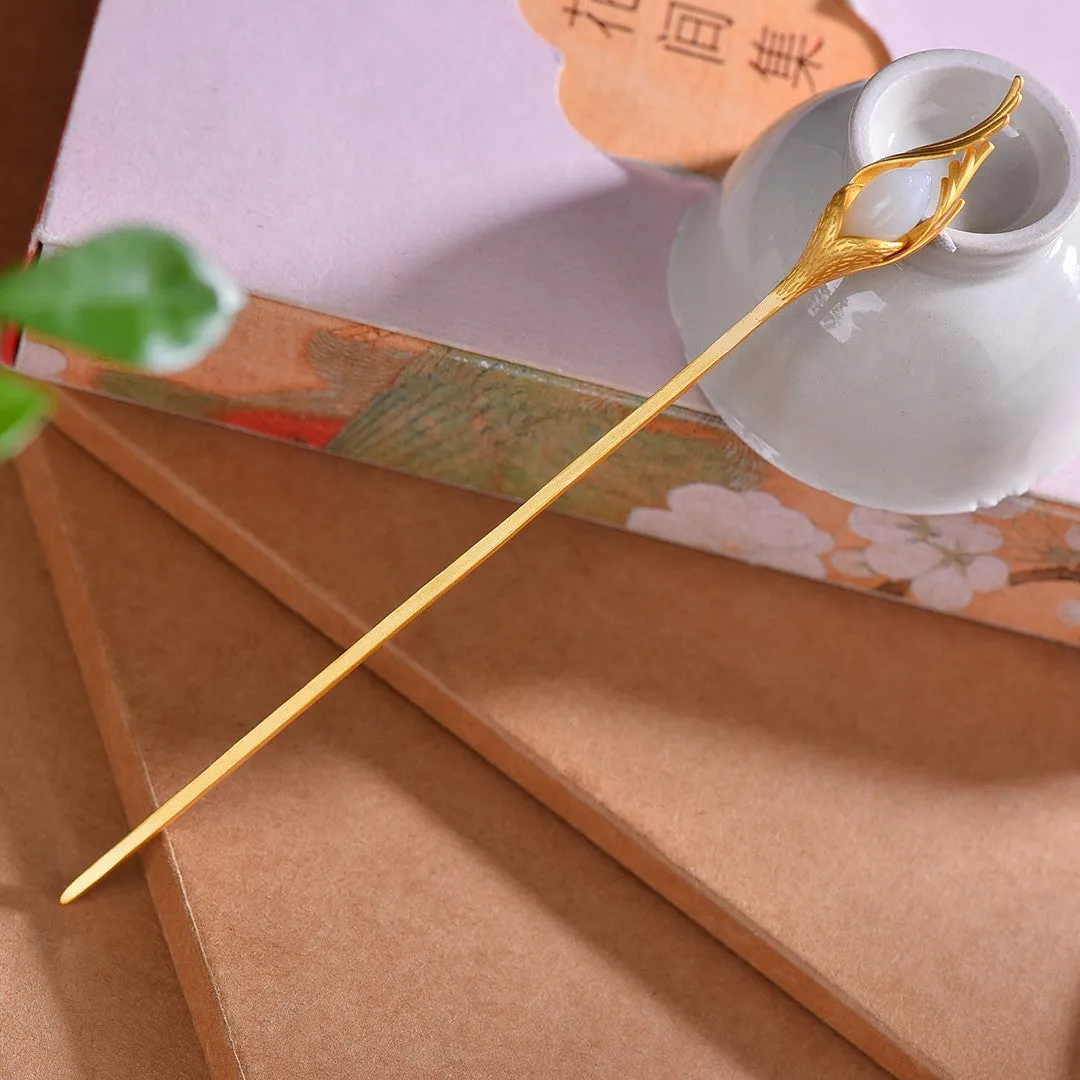 High Grade Enamel Hetian Jade S925 Silver Safety Lock Hairpin Hanfu Hair Accessories