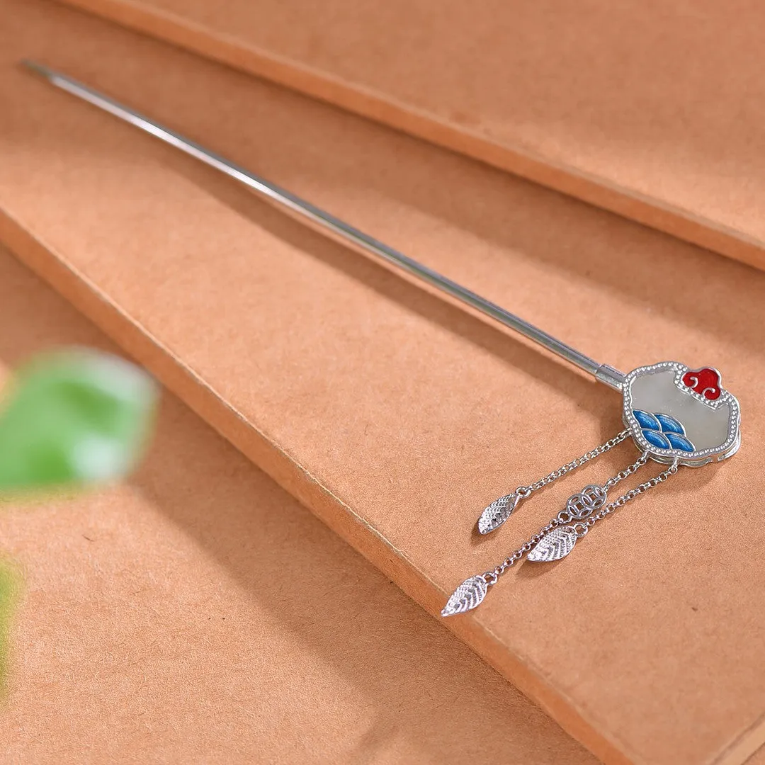High Grade Enamel Hetian Jade S925 Silver Safety Lock Hairpin Hanfu Hair Accessories