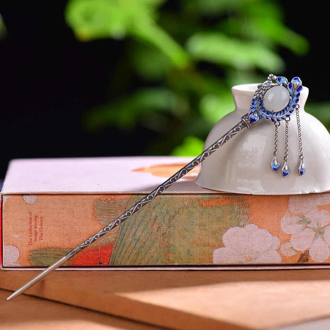 High Grade Enamel Hetian Jade S925 Silver Safety Lock Hairpin Hanfu Hair Accessories
