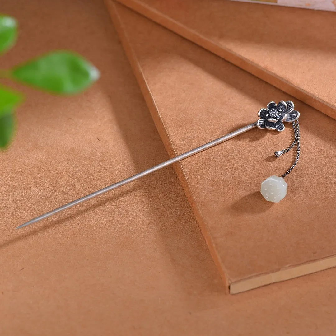 High Grade Enamel Hetian Jade S925 Silver Safety Lock Hairpin Hanfu Hair Accessories