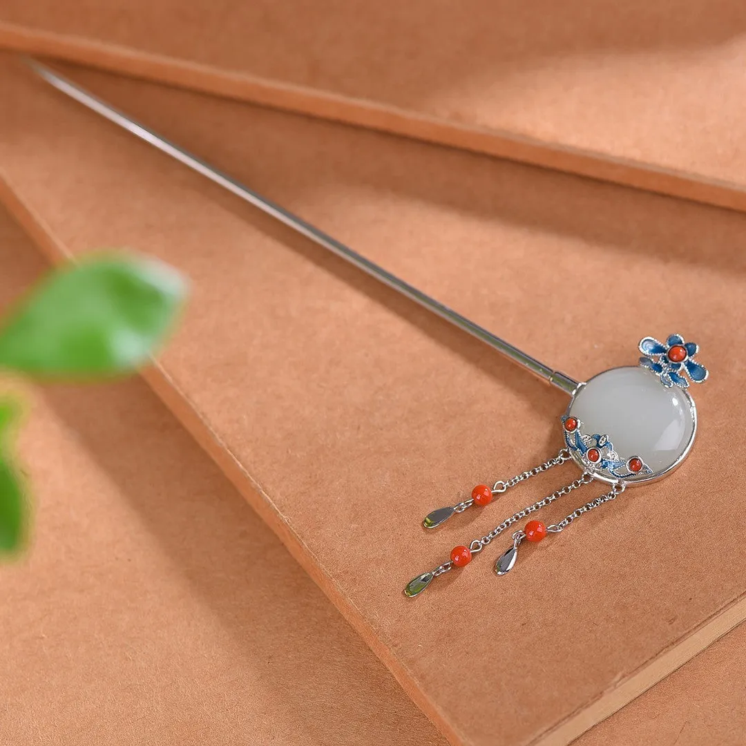 High Grade Enamel Hetian Jade S925 Silver Safety Lock Hairpin Hanfu Hair Accessories