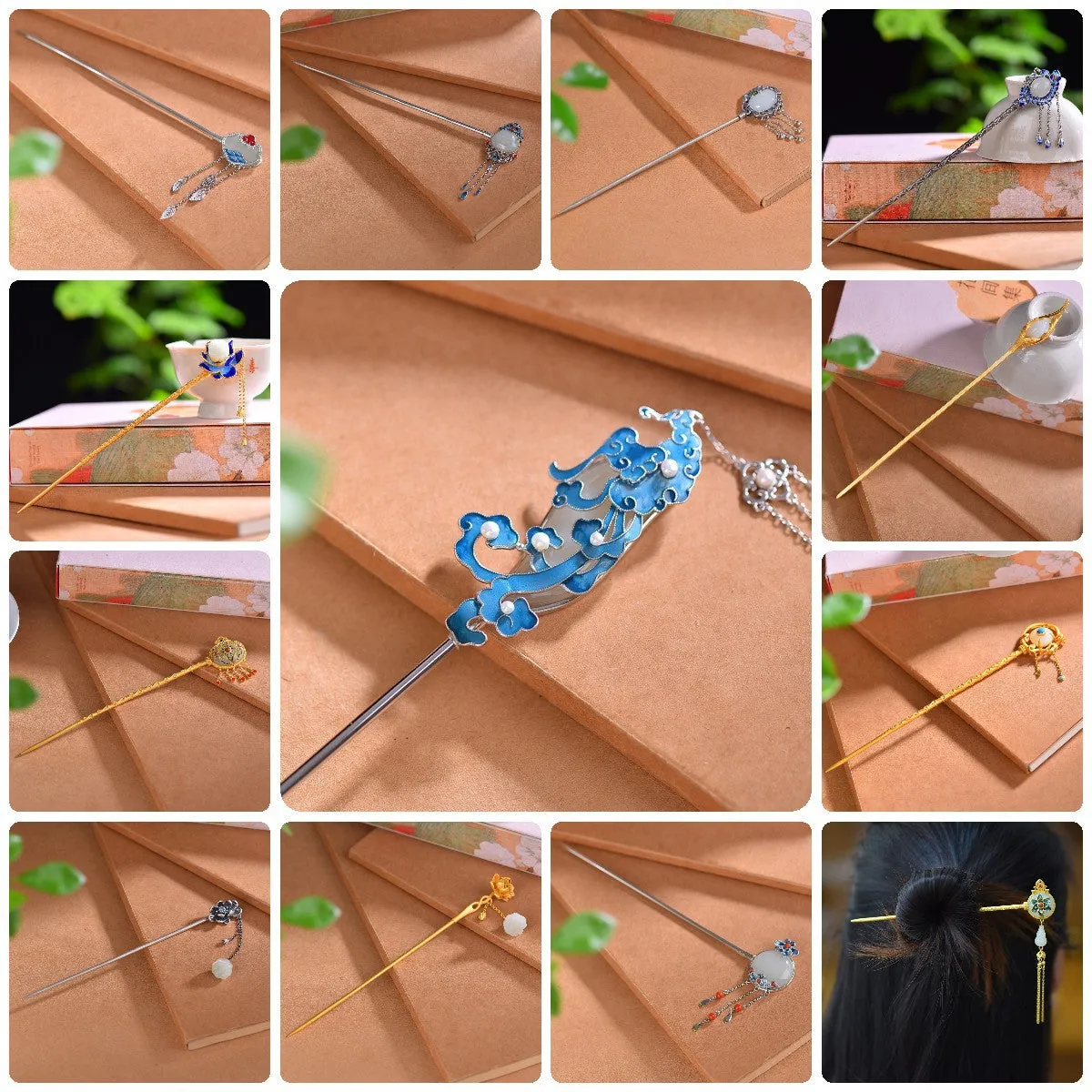 High Grade Enamel Hetian Jade S925 Silver Safety Lock Hairpin Hanfu Hair Accessories