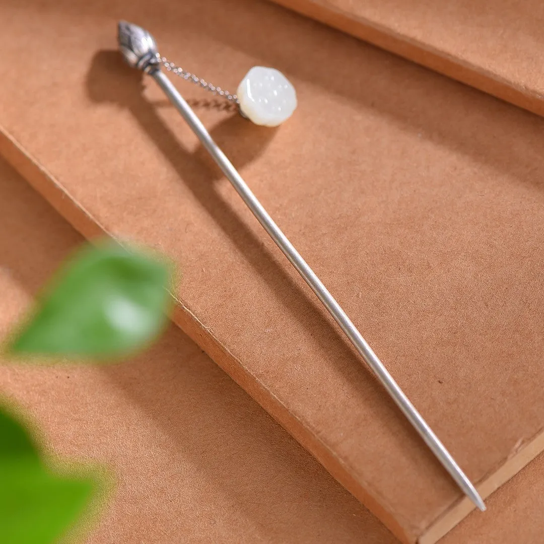 High Grade Enamel Hetian Jade S925 Silver Safety Lock Hairpin Hanfu Hair Accessories