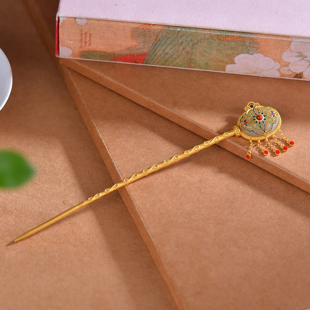 High Grade Enamel Hetian Jade S925 Silver Safety Lock Hairpin Hanfu Hair Accessories
