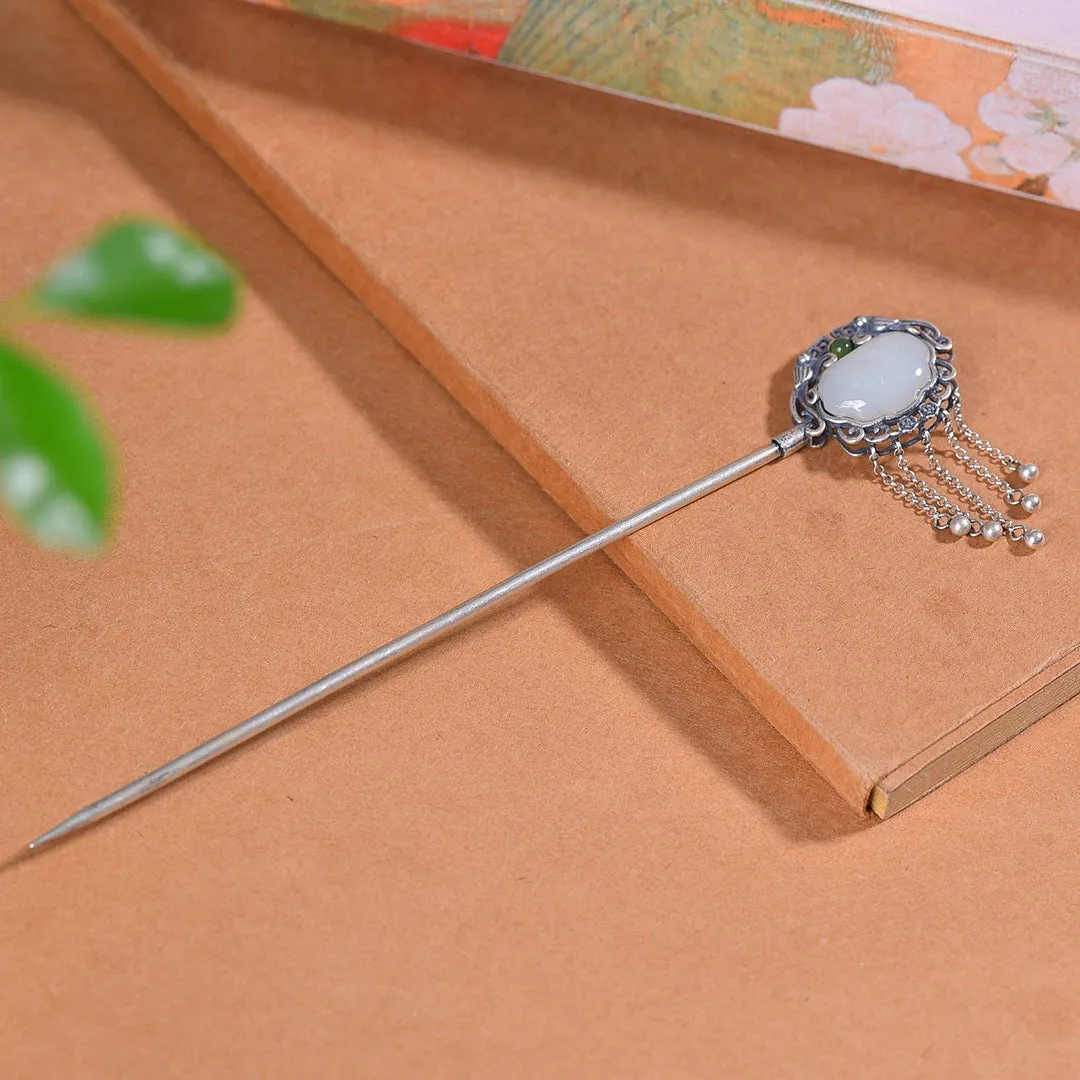 High Grade Enamel Hetian Jade S925 Silver Safety Lock Hairpin Hanfu Hair Accessories
