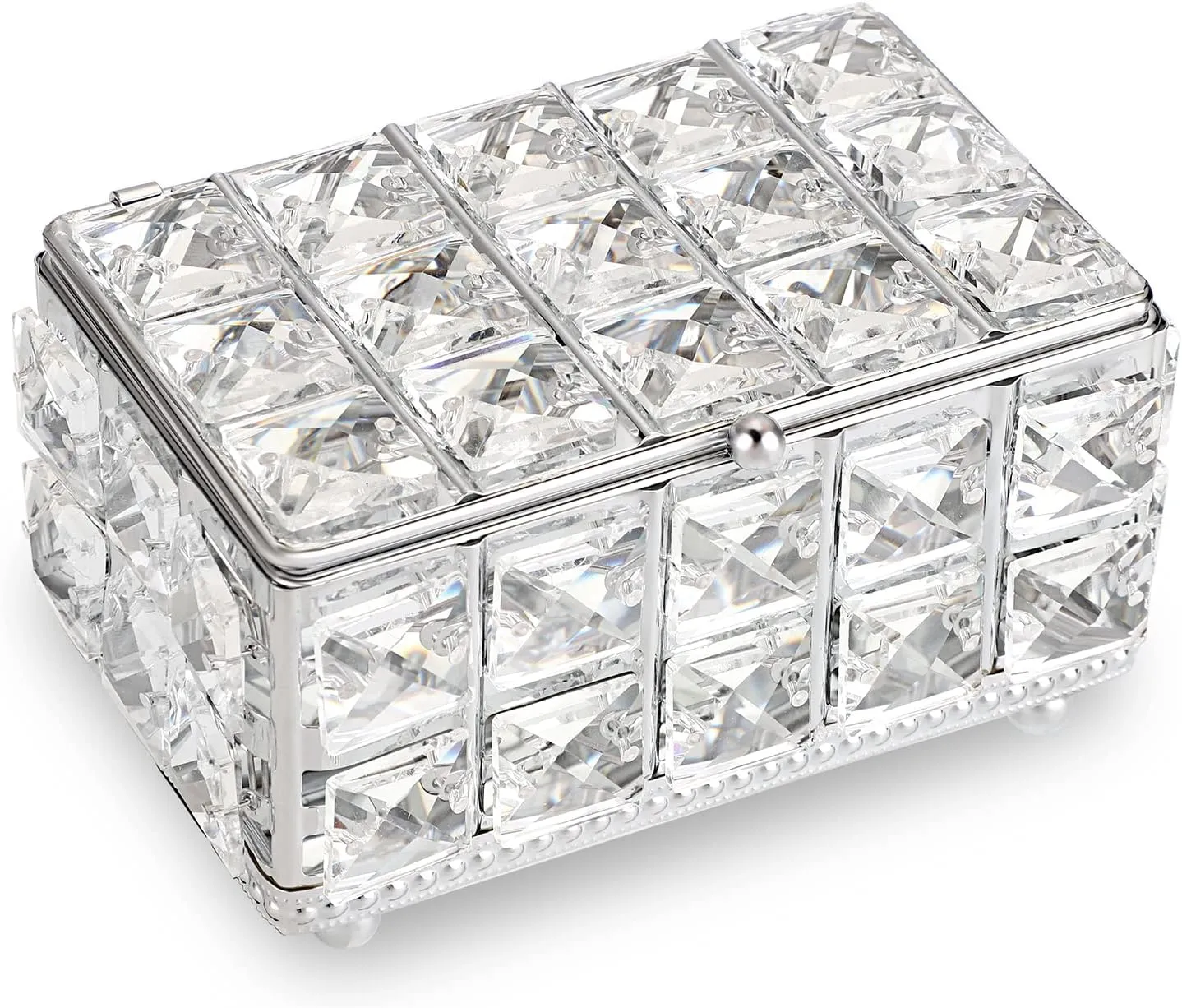 Hipiwe Crystal Jewelry Box Small Trinket Organizer with Lid Mirrored Treasure Box Silver Decorative Keepsake Box for Wedding Dresser Room Decor, 5.9" L x 3.9" W x 3" H