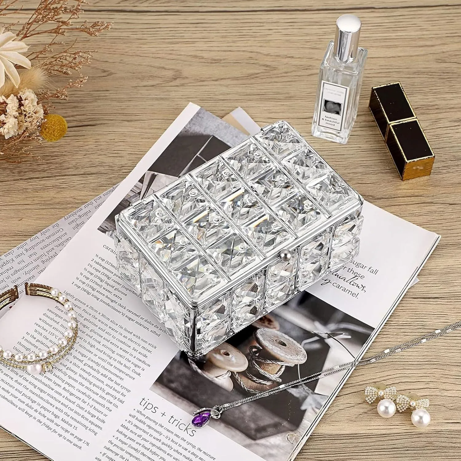 Hipiwe Crystal Jewelry Box Small Trinket Organizer with Lid Mirrored Treasure Box Silver Decorative Keepsake Box for Wedding Dresser Room Decor, 5.9" L x 3.9" W x 3" H