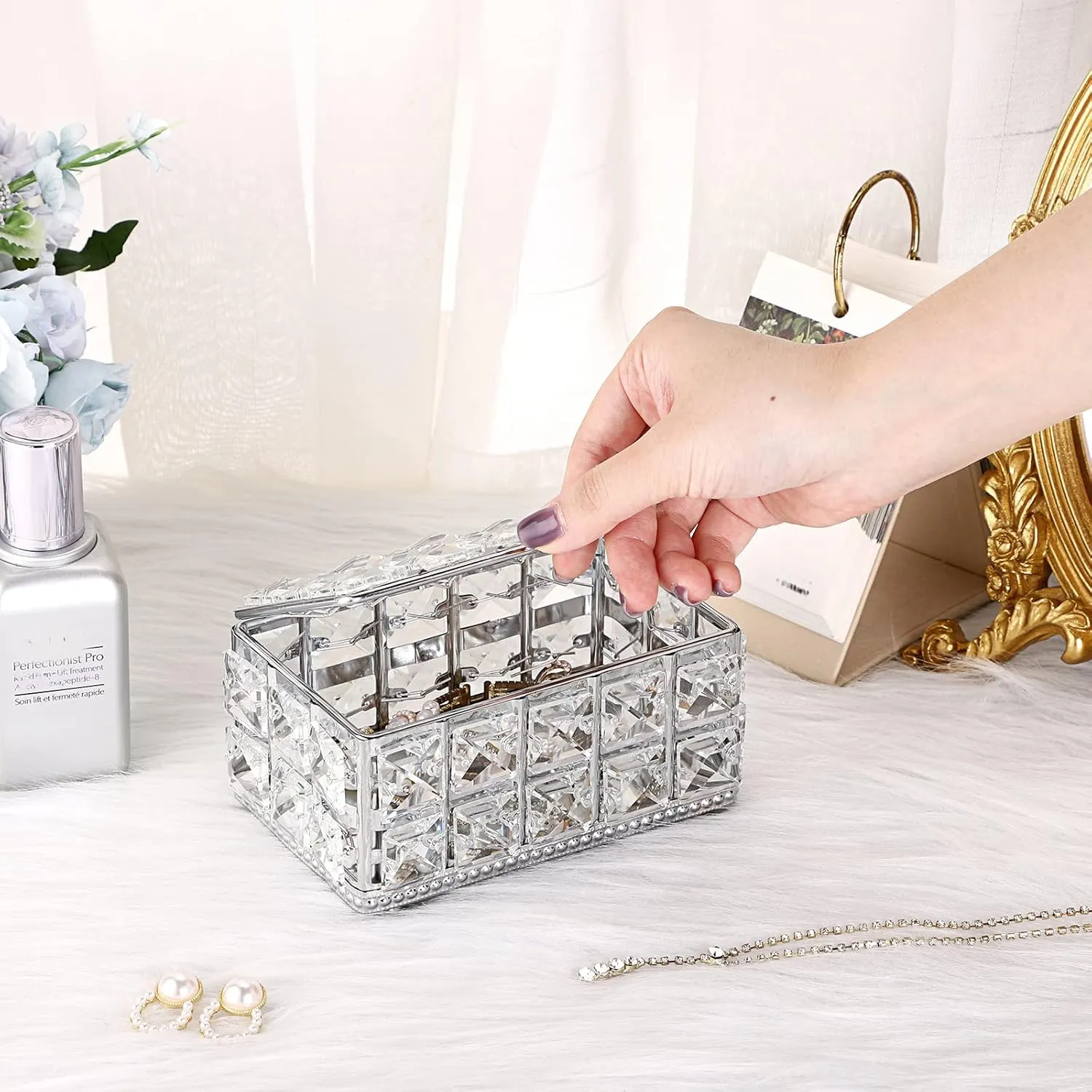 Hipiwe Crystal Jewelry Box Small Trinket Organizer with Lid Mirrored Treasure Box Silver Decorative Keepsake Box for Wedding Dresser Room Decor, 5.9" L x 3.9" W x 3" H