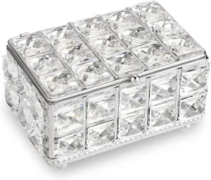 Hipiwe Crystal Jewelry Box Small Trinket Organizer with Lid Mirrored Treasure Box Silver Decorative Keepsake Box for Wedding Dresser Room Decor, 5.9" L x 3.9" W x 3" H