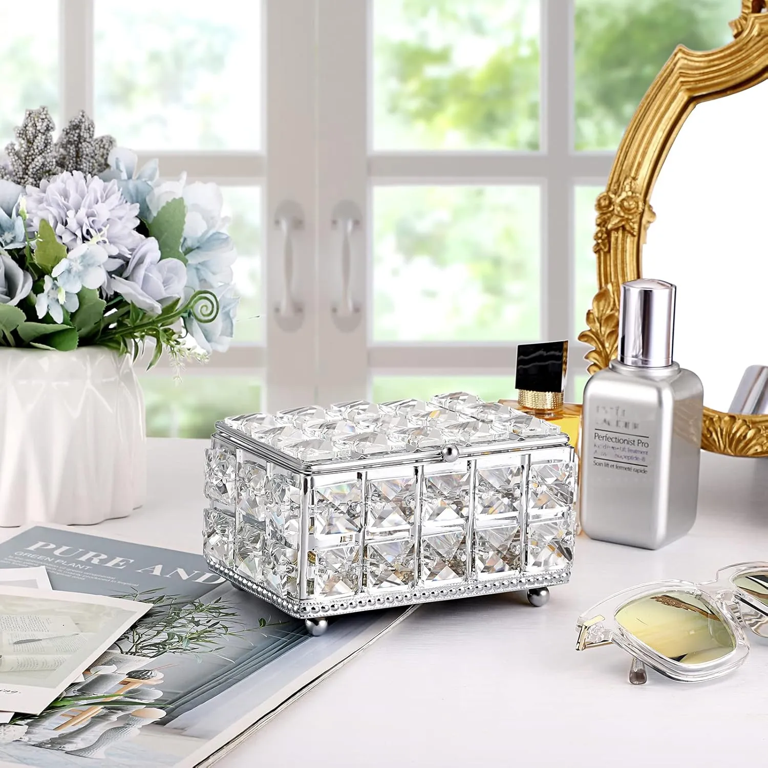 Hipiwe Crystal Jewelry Box Small Trinket Organizer with Lid Mirrored Treasure Box Silver Decorative Keepsake Box for Wedding Dresser Room Decor, 5.9" L x 3.9" W x 3" H