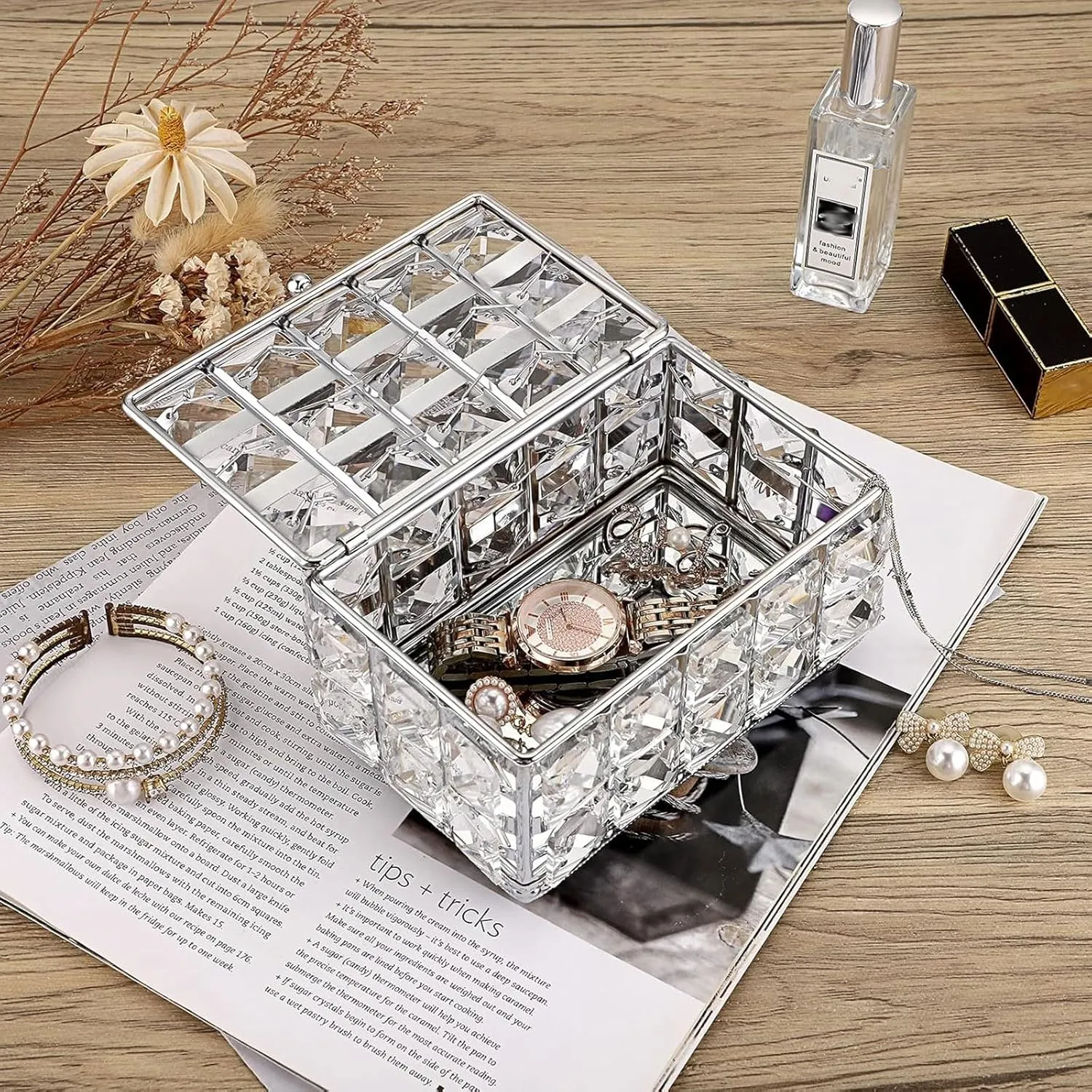 Hipiwe Crystal Jewelry Box Small Trinket Organizer with Lid Mirrored Treasure Box Silver Decorative Keepsake Box for Wedding Dresser Room Decor, 5.9" L x 3.9" W x 3" H