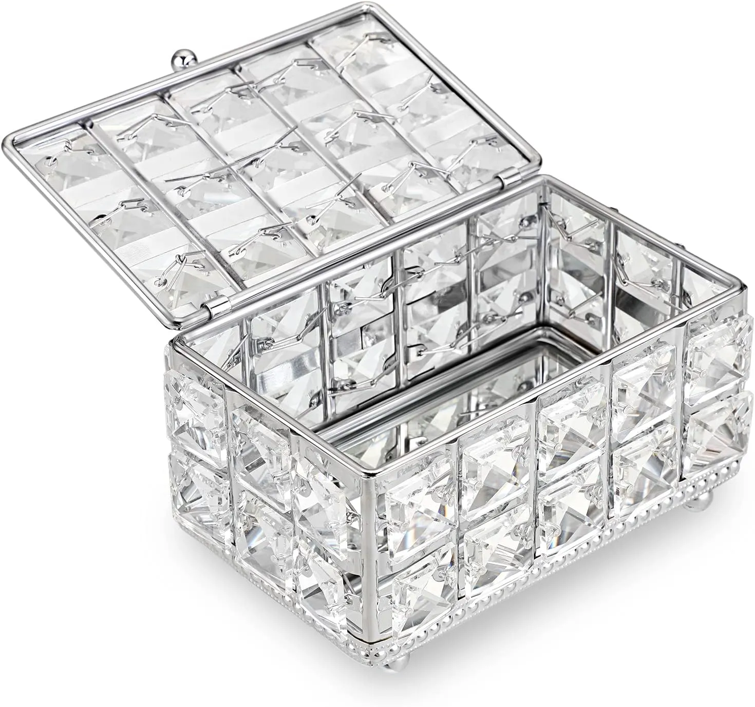 Hipiwe Crystal Jewelry Box Small Trinket Organizer with Lid Mirrored Treasure Box Silver Decorative Keepsake Box for Wedding Dresser Room Decor, 5.9" L x 3.9" W x 3" H