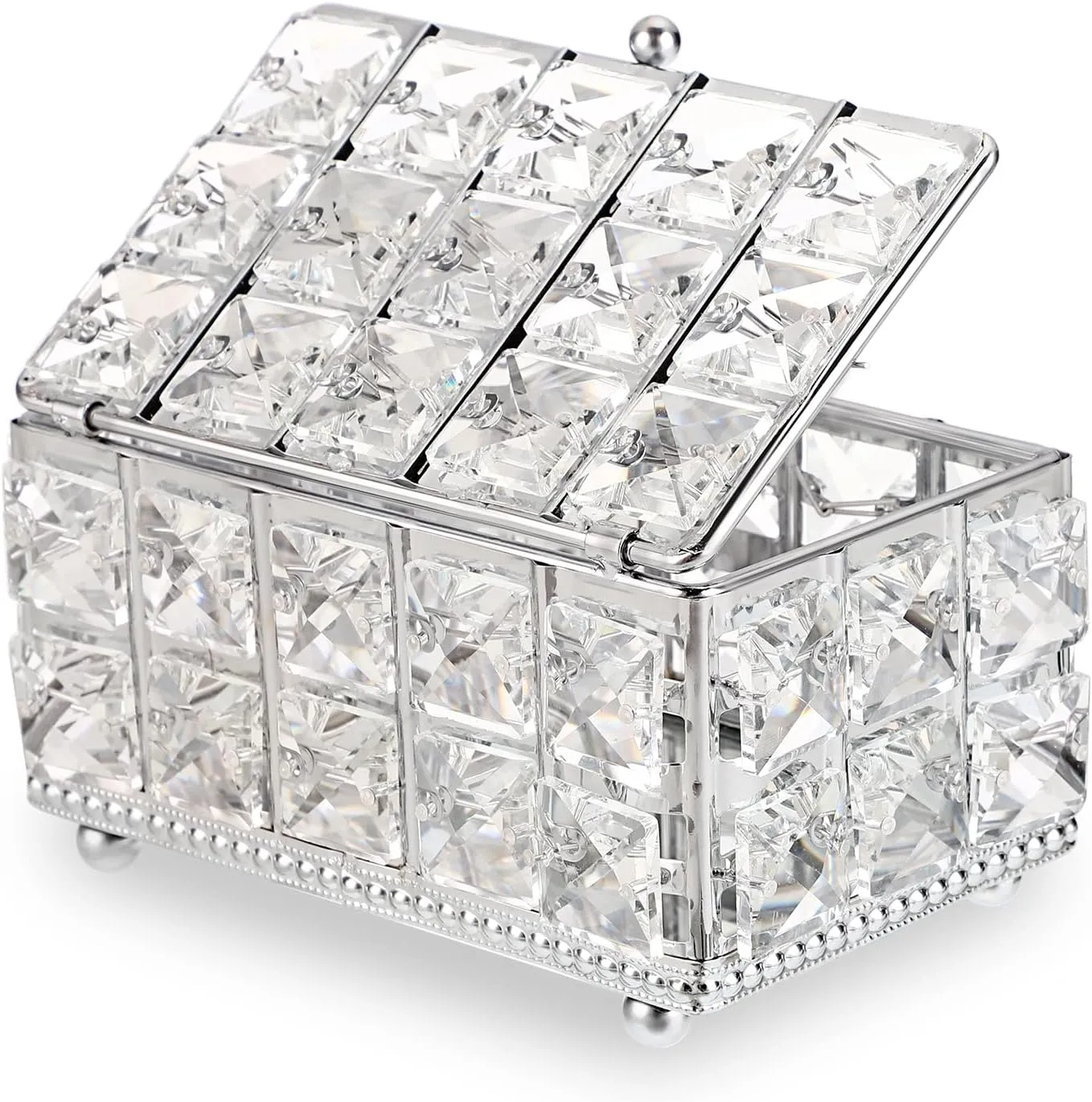 Hipiwe Crystal Jewelry Box Small Trinket Organizer with Lid Mirrored Treasure Box Silver Decorative Keepsake Box for Wedding Dresser Room Decor, 5.9" L x 3.9" W x 3" H