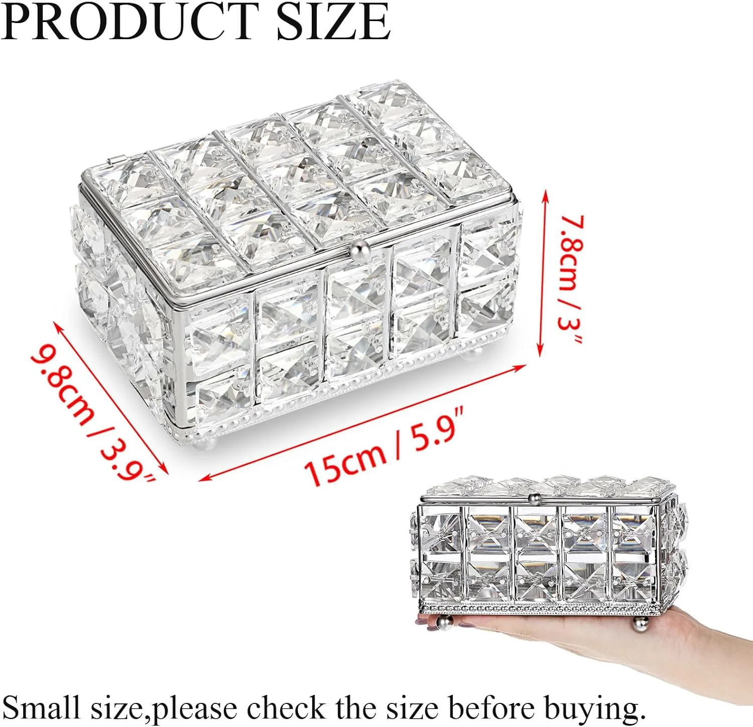 Hipiwe Crystal Jewelry Box Small Trinket Organizer with Lid Mirrored Treasure Box Silver Decorative Keepsake Box for Wedding Dresser Room Decor, 5.9" L x 3.9" W x 3" H