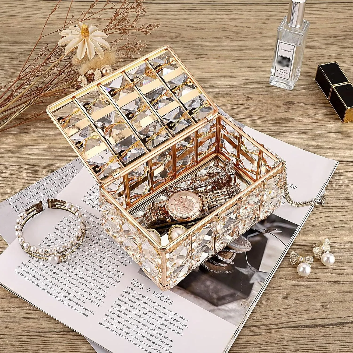 Hipiwe Crystal Jewelry Trinket Box with Lid Gold Mirrored Treasure Organizer Box Ring Holder Keepsake Box Decorative Jewelry Box Christmas Birthday Gift for Women Girls