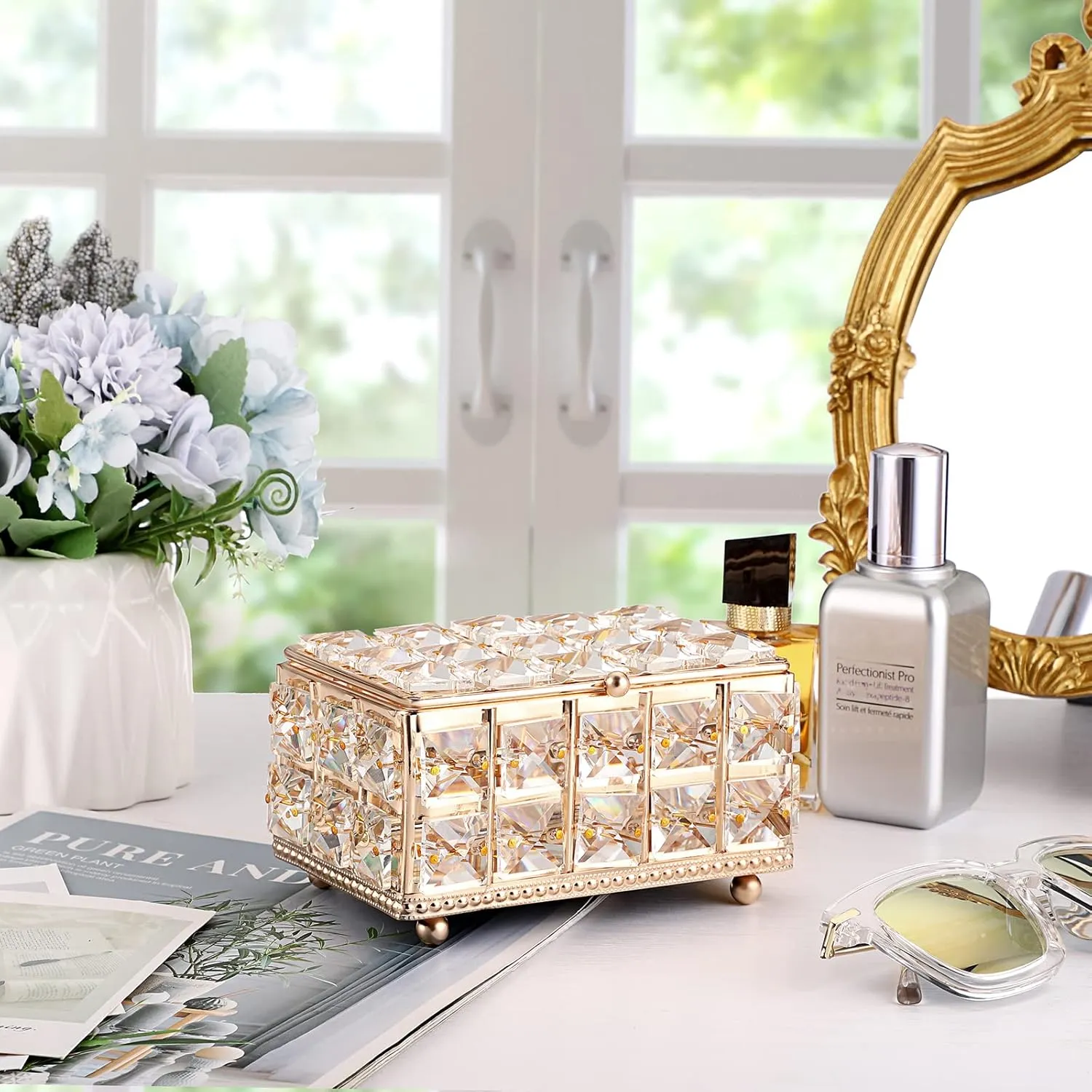 Hipiwe Crystal Jewelry Trinket Box with Lid Gold Mirrored Treasure Organizer Box Ring Holder Keepsake Box Decorative Jewelry Box Christmas Birthday Gift for Women Girls