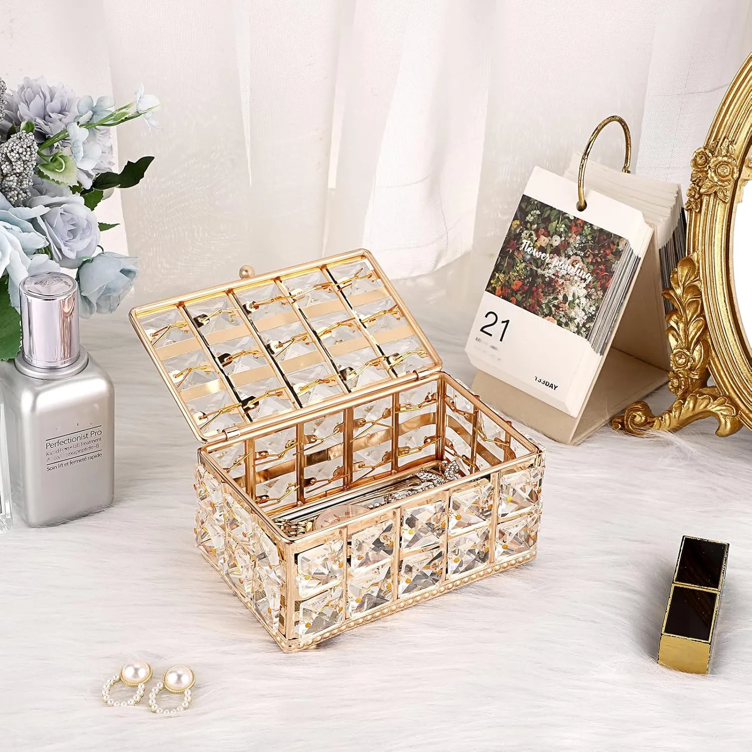 Hipiwe Crystal Jewelry Trinket Box with Lid Gold Mirrored Treasure Organizer Box Ring Holder Keepsake Box Decorative Jewelry Box Christmas Birthday Gift for Women Girls