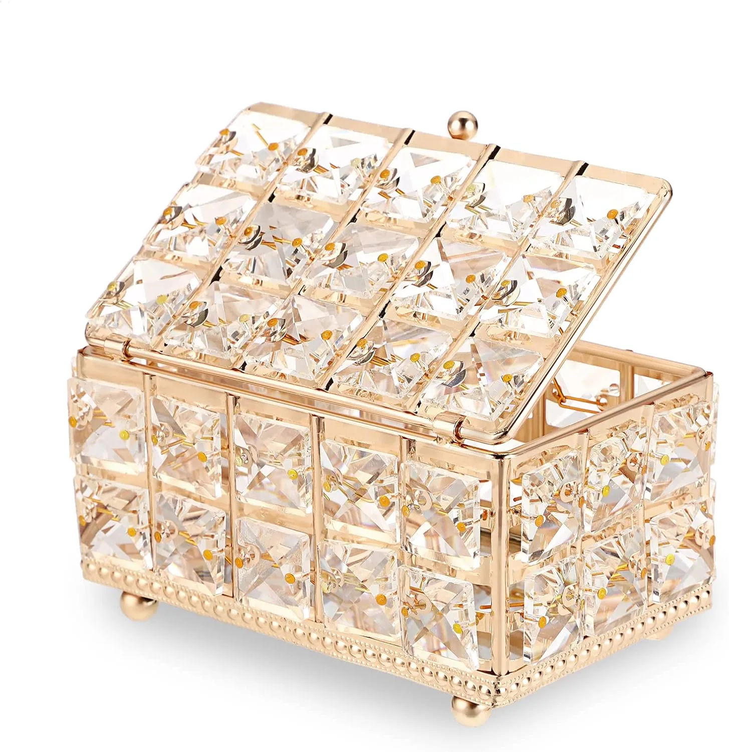 Hipiwe Crystal Jewelry Trinket Box with Lid Gold Mirrored Treasure Organizer Box Ring Holder Keepsake Box Decorative Jewelry Box Christmas Birthday Gift for Women Girls