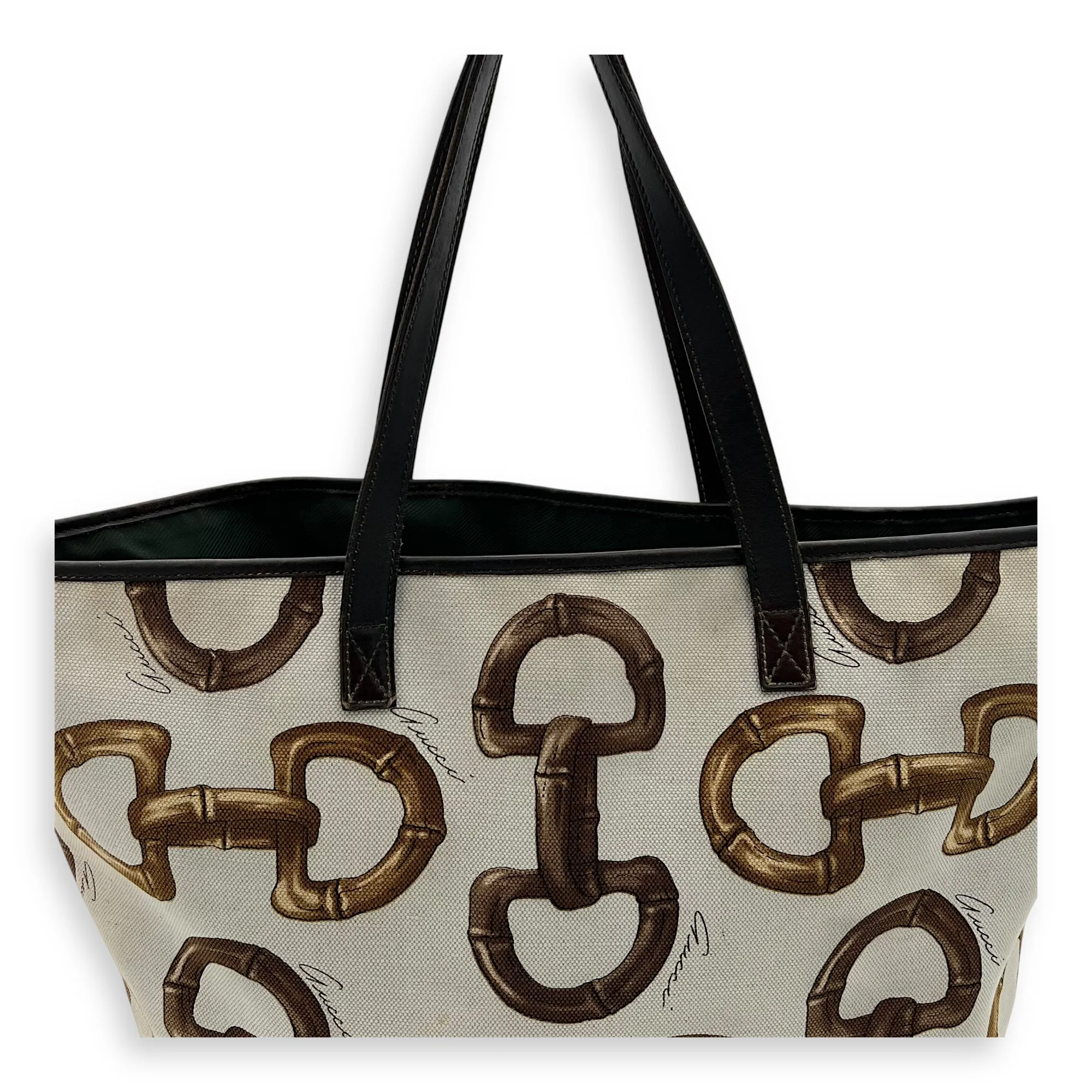 Horsebit Tote Bag White in Canvas, Gold hardware