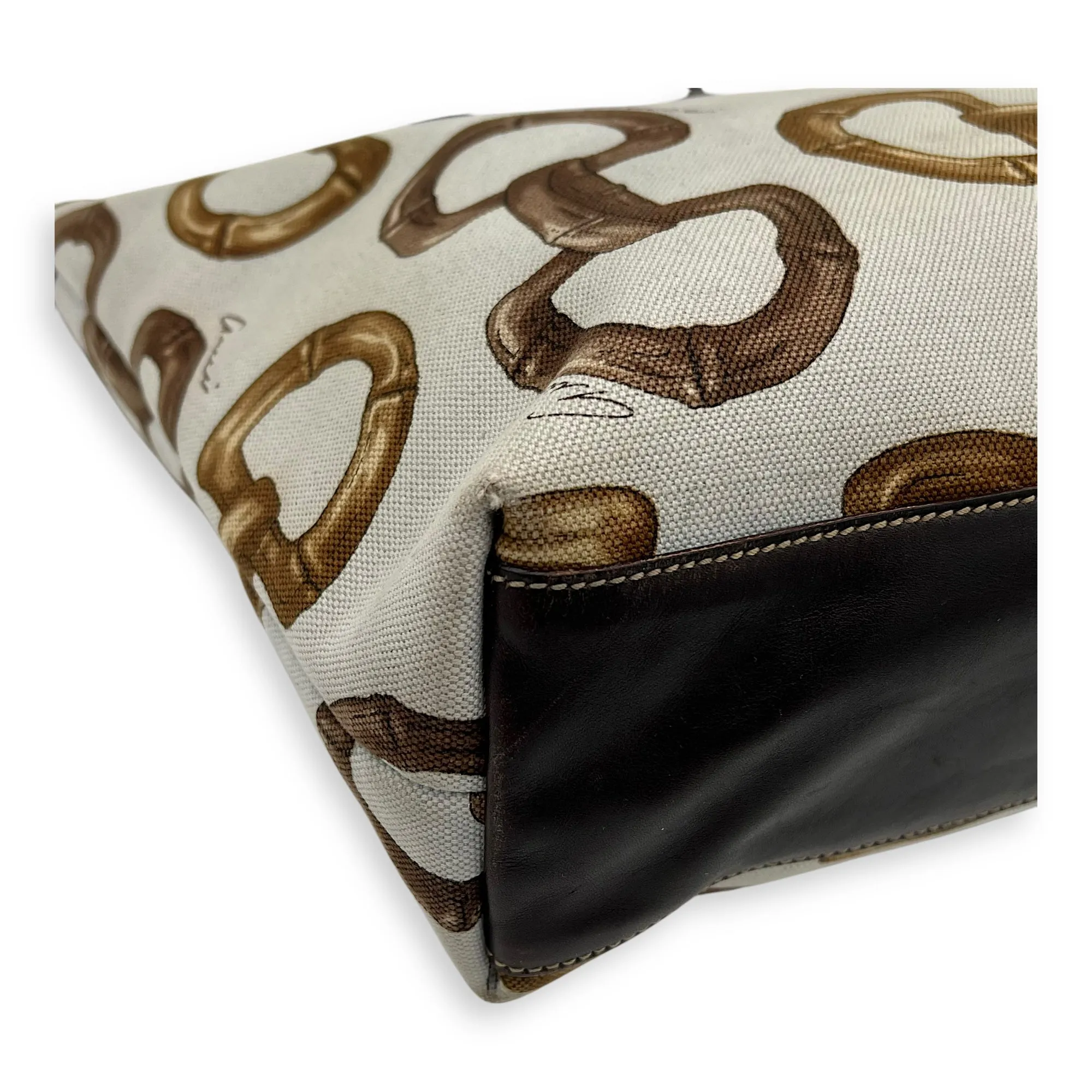 Horsebit Tote Bag White in Canvas, Gold hardware