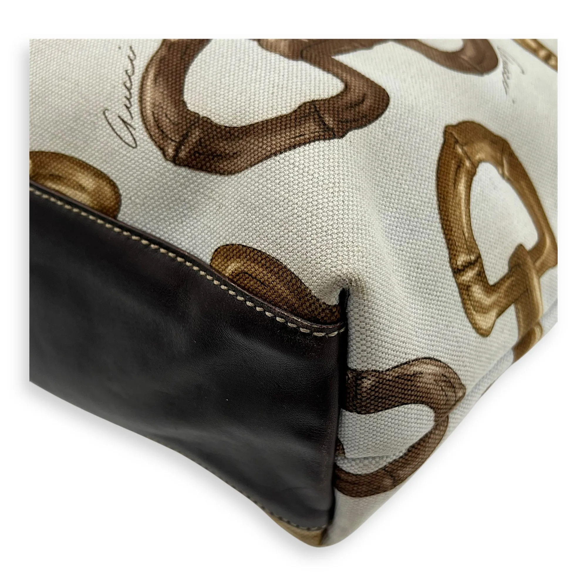 Horsebit Tote Bag White in Canvas, Gold hardware