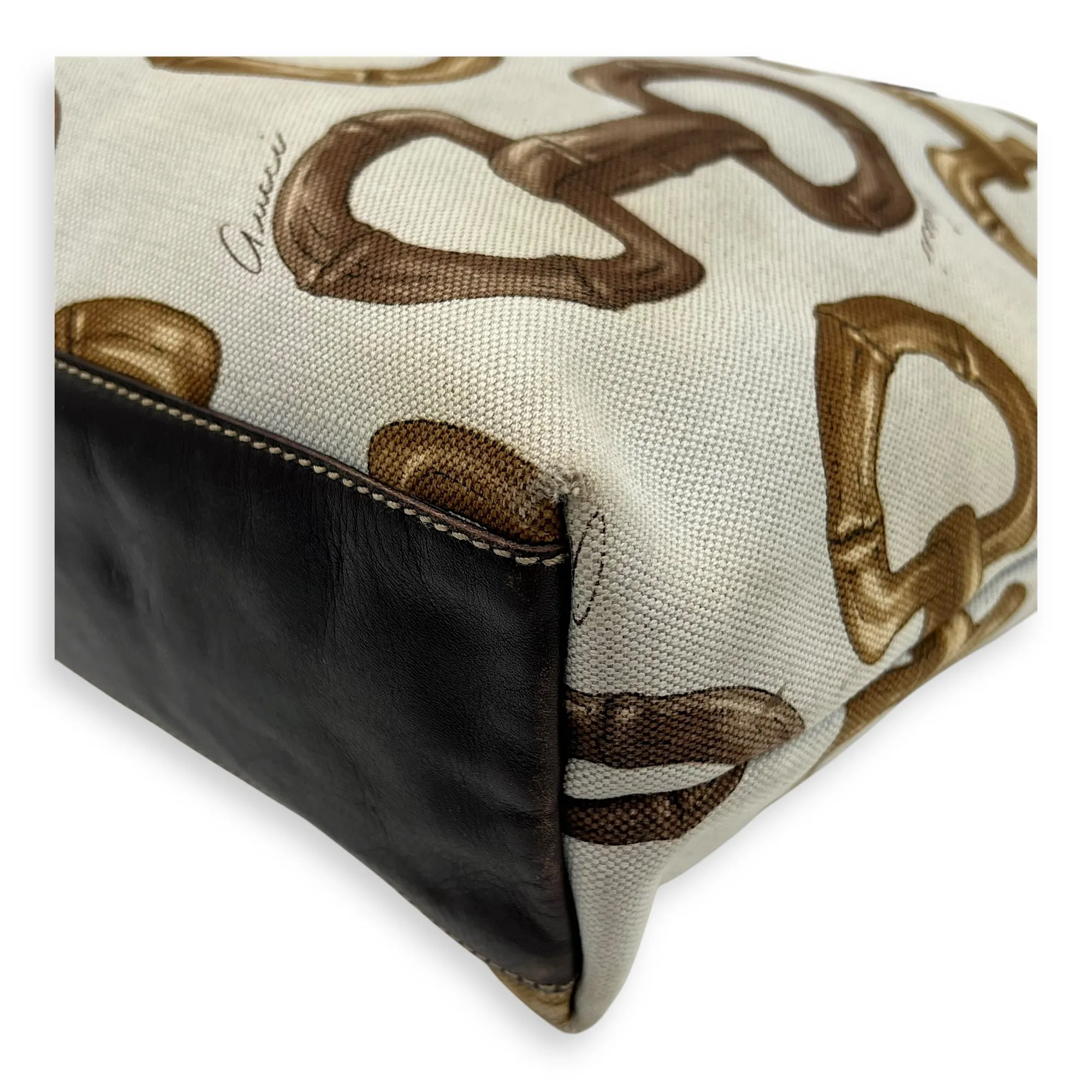 Horsebit Tote Bag White in Canvas, Gold hardware