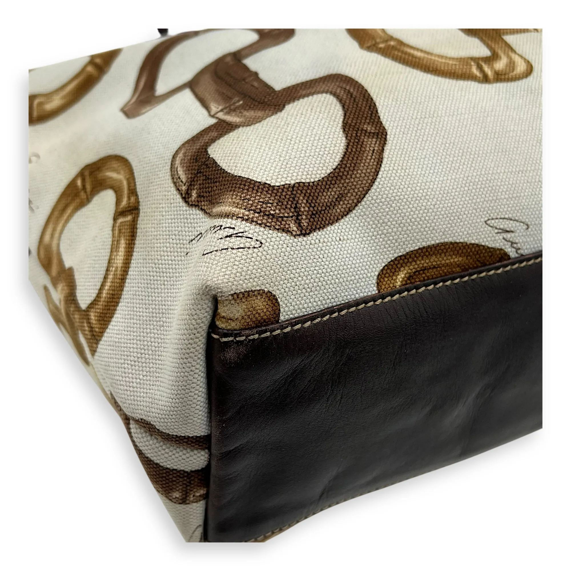 Horsebit Tote Bag White in Canvas, Gold hardware