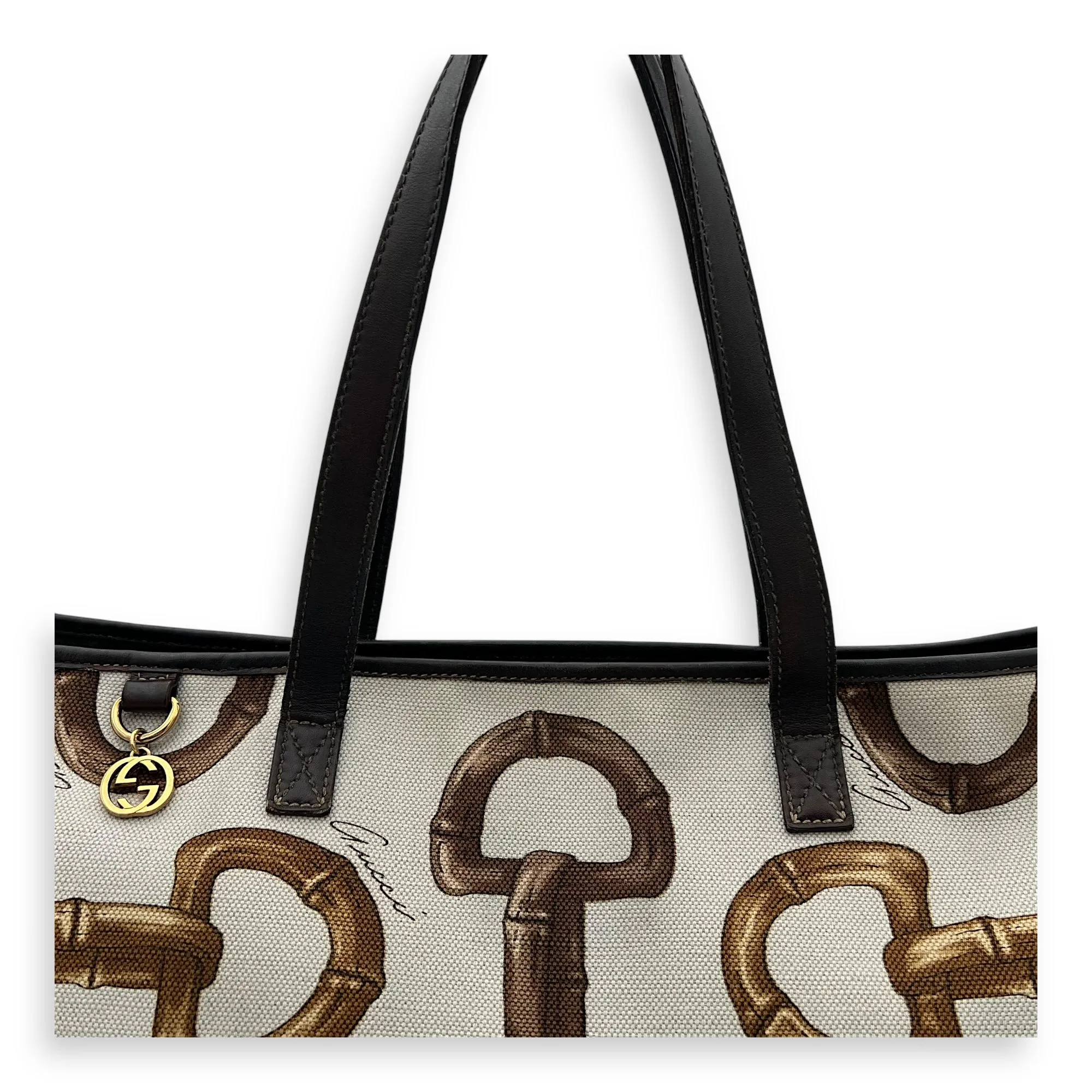 Horsebit Tote Bag White in Canvas, Gold hardware
