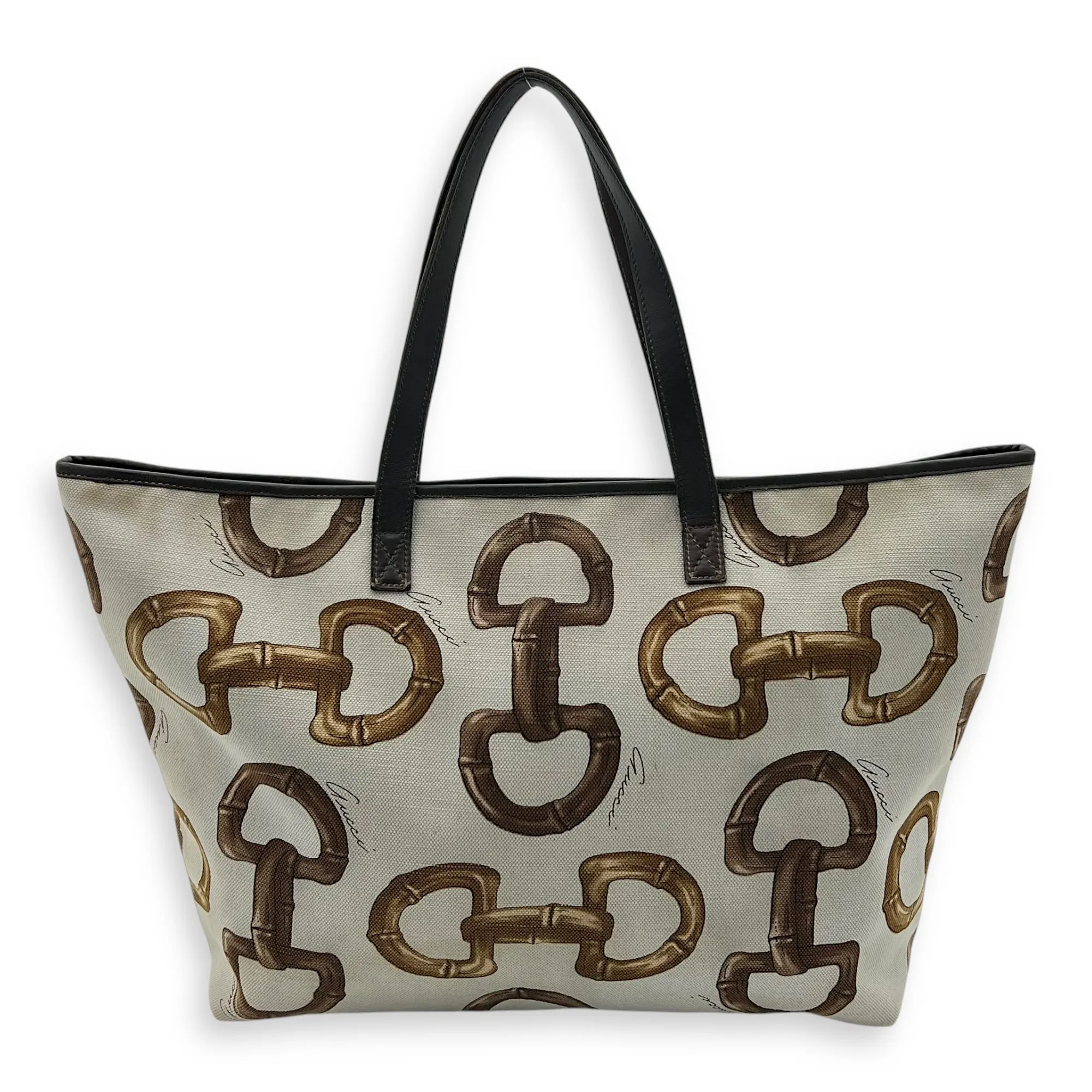 Horsebit Tote Bag White in Canvas, Gold hardware