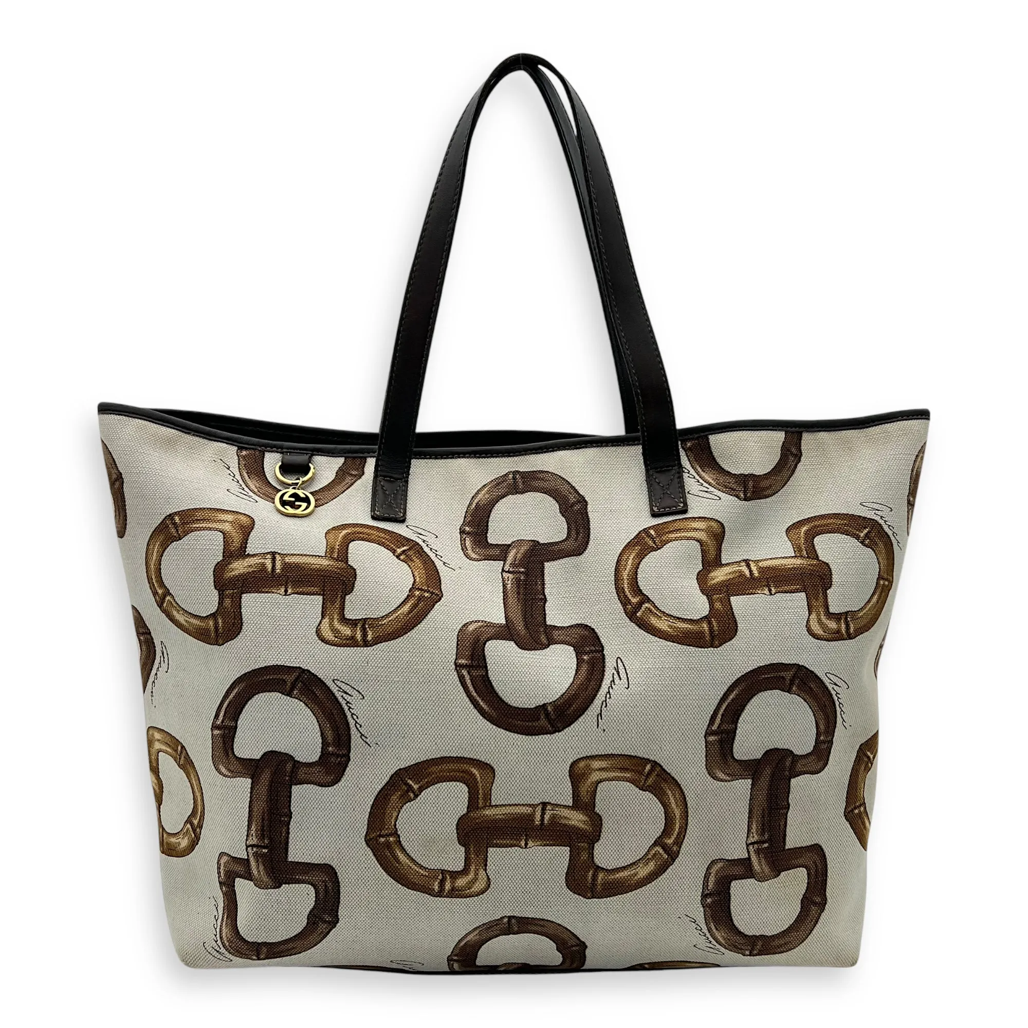 Horsebit Tote Bag White in Canvas, Gold hardware